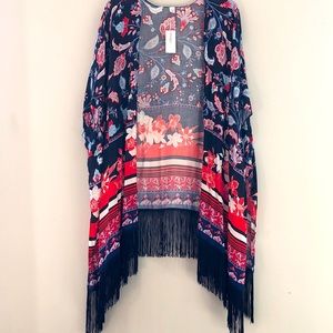 Coverup, open jacket, floral pattern, red, white, blue. One size fits most.
